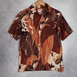Vintage Pacific Isle Creations Shirt Mens Medium Brown Hawaiian Aloha Leaf Print